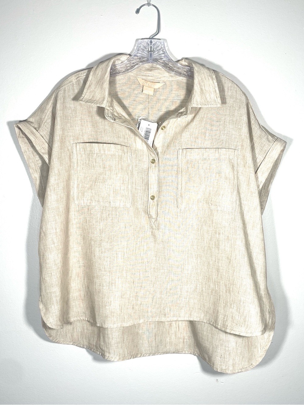 Hope & Harlow Nomad Linen Look Collared Blouse NWT Beige Boho Top coastalgrandma
